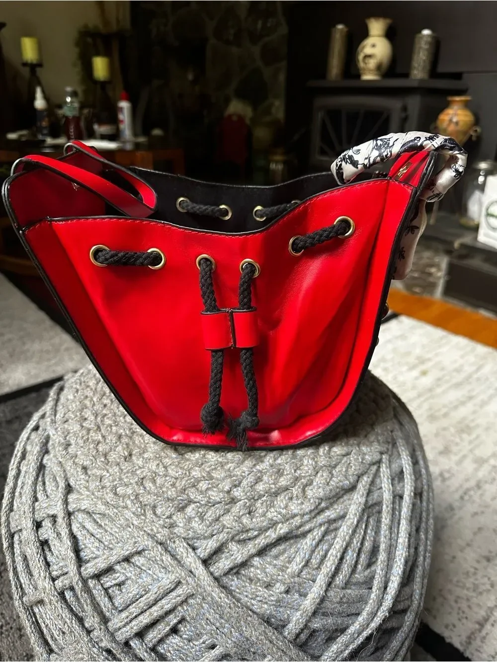 Red Top-Handle Satchel with Graphic Face Detail